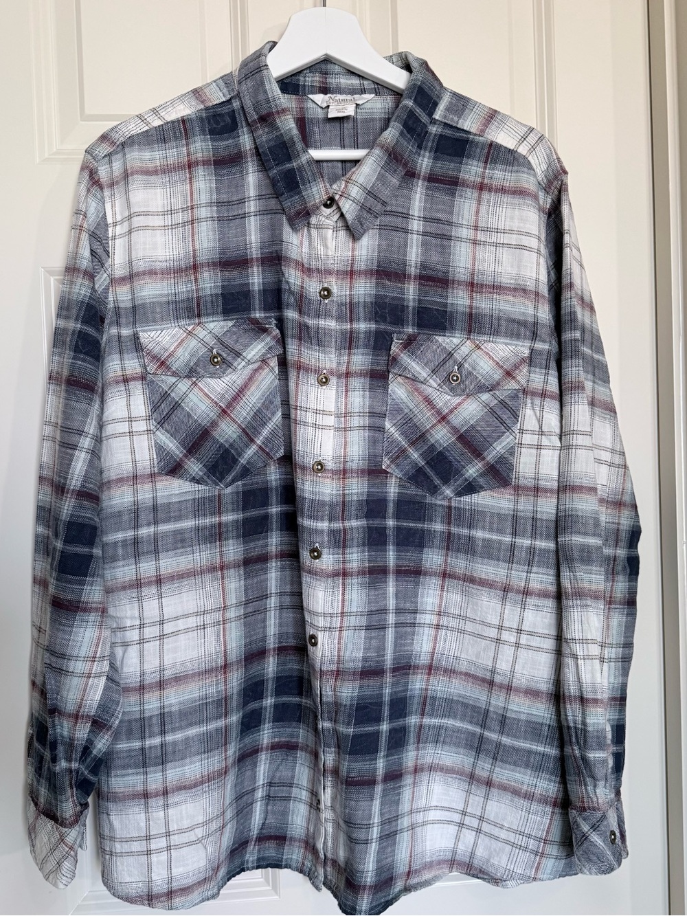 Natural Reflections Plaid Button-Down Shirt in Blue, Gray & White